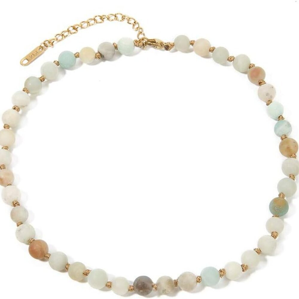 Semi Precious Stone Beaded Choker Necklace 14K Gold Plated Natural Stone Double